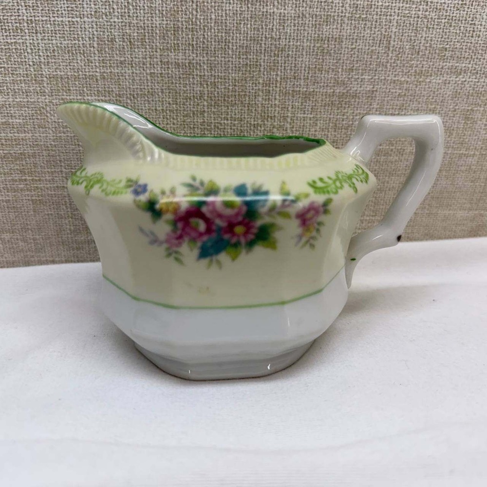 Vintage Made in Japan Floral Porcelain Creamer Pink Rose Green Trim Octagonal